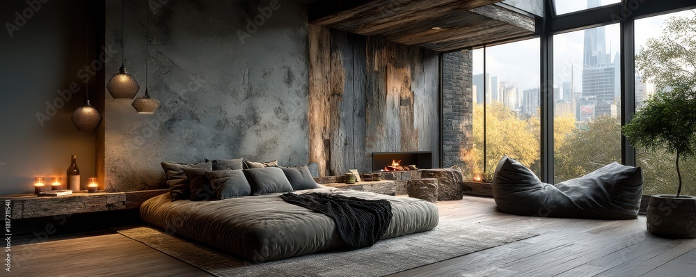 Fototapeta premium Modern bedroom with low platform bed, cozy fireplace, and panoramic city view through large windows