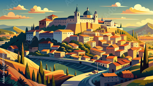 Very beautiful panoramic view of the medieval city of Toledo, showcasing its traditional Spanish old town with winding stone streets, ancient rooftops, fortified walls, and a majestic hilltop silhouet