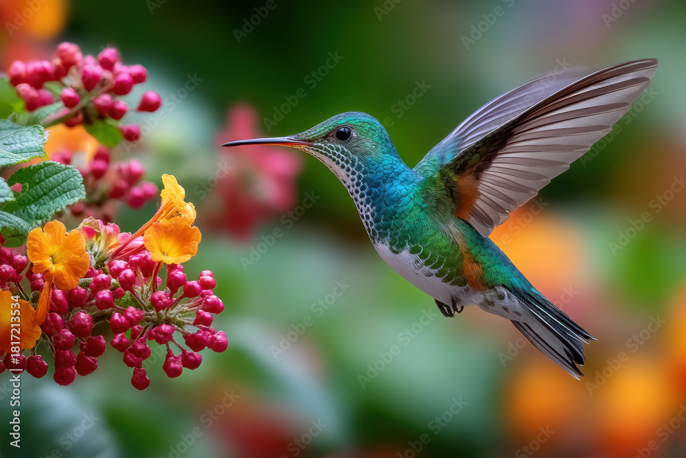 Fototapeta premium Vibrant Hummingbird in Flight Near Colorful Blossoms