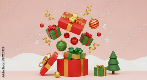 Minimalist Christmas Holiday Festive Seasonal Winter Cartoon 3D Illustration Scene with Pink Background Floating Gifts Ornaments and Tree