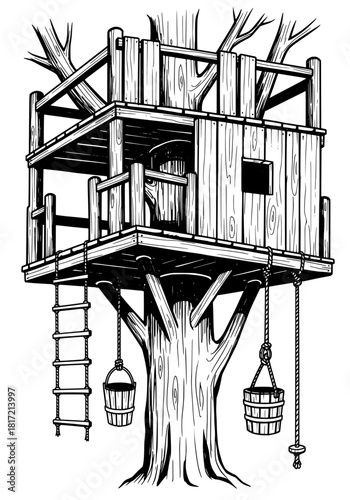 Detailed Hand-Drawn Treehouse Line Art Illustration
