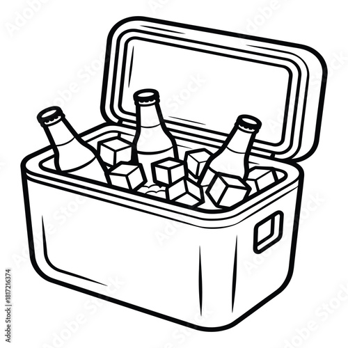 A black and white line art illustration depicting an open portable cooler filled with ice cubes and three beverage bottles, ready for a picnic or outdoor event