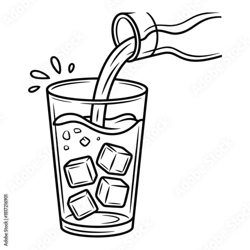 A refreshing drink is poured from a bottle into a tall glass with ice cubes, showing splashes and bubbles in a clean black and white line art
