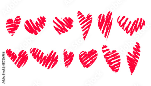 Set red hearts. Hearts drawn in pencil or charcoal on white background. For themed cards, posters and collages.