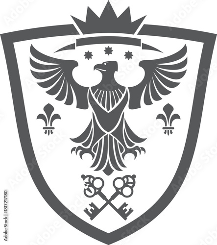 A black and white image of an eagle with a crown on its head