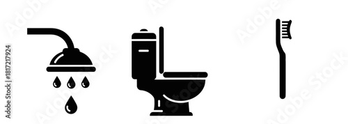 Bathroom icon set featuring shower, toilet, and toothbrush in minimalist style