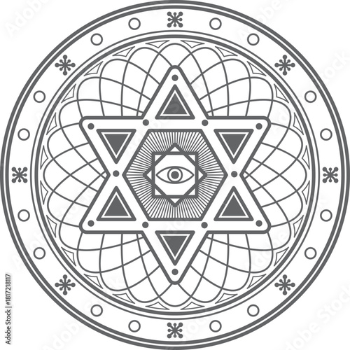 A black and white drawing of a star of david with an eye in the middle
