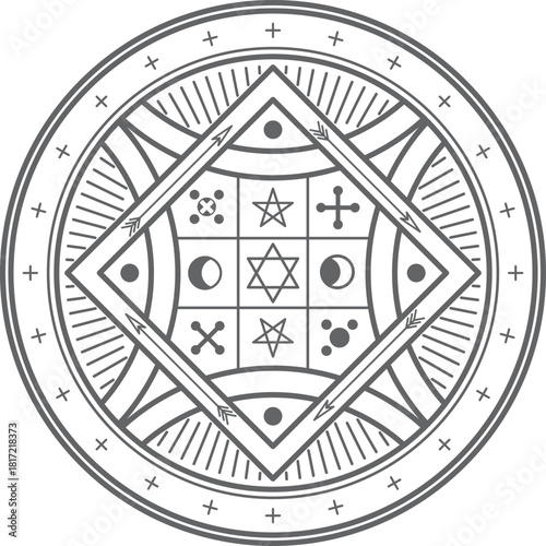 A black and white circle with a square inside of it