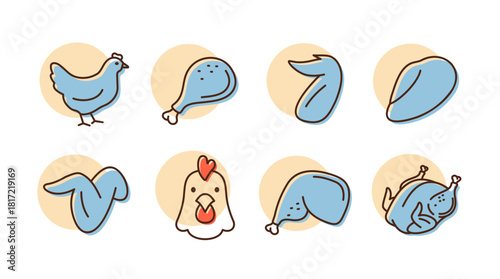 Chicken Meat Parts Minimal Flat Icon Set