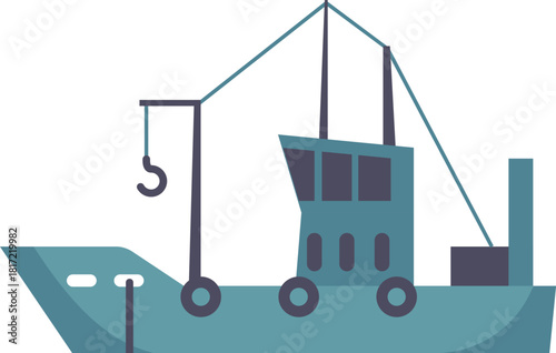 A blue boat with a crane hanging from it
