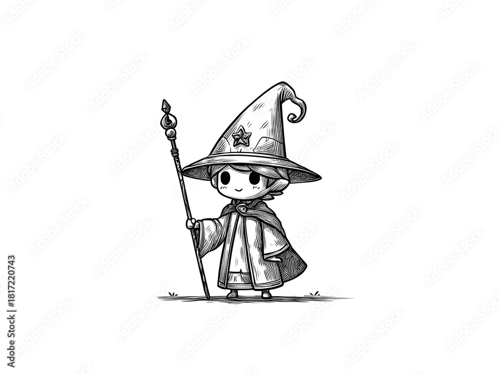Fototapeta premium Cute Cartoon Wizard with Staff in Hand-Drawn Style