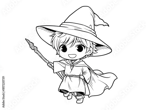 Chibi Wizard Boy - Line Art for Coloring Books