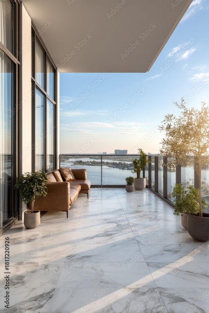 Obraz premium Modern balcony with marble floor, glass railing, and cozy sofa overlooking the river
