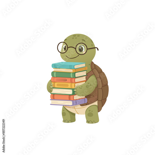 A cute cartoon turtle wearing glasses and holding a tall stack of colorful books, symbolizing wisdom and learning.
