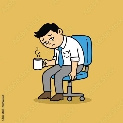 A tired, sleepy man in an office chair holding a steaming coffee mug, looking exhausted and needing caffeine.