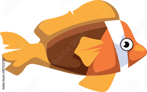 A cartoon fish with orange and white stripes