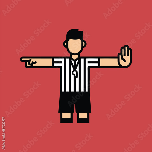 Flat design illustration of a sports referee in a striped uniform making a stop gesture with one hand and pointing with the other on a red background.