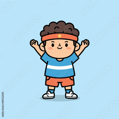 Cute cartoon boy with curly hair wearing a striped shirt, orange shorts, and a headband with a star, smiling with arms raised.