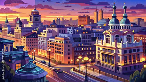 Very beautiful twilight view of Madrid’s city skyline along Gran Vía, with glowing lights, elegant historic facades, and a vibrant urban atmosphere capturing the charm of this iconic Spanish avenue.