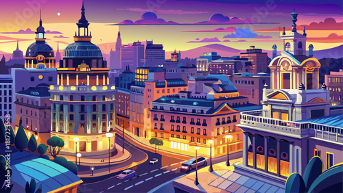 Very beautiful twilight view of Madrid’s city skyline along Gran Vía, with glowing lights, elegant historic facades, and a vibrant urban atmosphere capturing the charm of this iconic Spanish avenue.