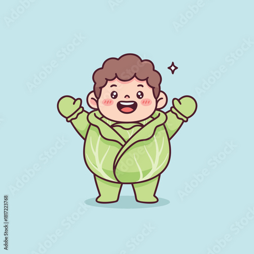 A cheerful cartoon baby dressed in a cute green cabbage costume, smiling happily with arms wide open.