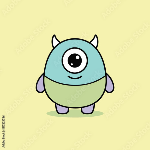 A cute, round, one-eyed cartoon monster with horns, light blue and green body, and purple limbs, standing on a light yellow background.