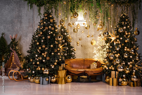 Luxury Christmas Living Room with Golden Decorations and Christmas Trees