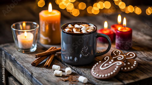 Hot chocolate with marshmallows in ceramic mug surrounded by gingerbread cookies, candles, and festive lights