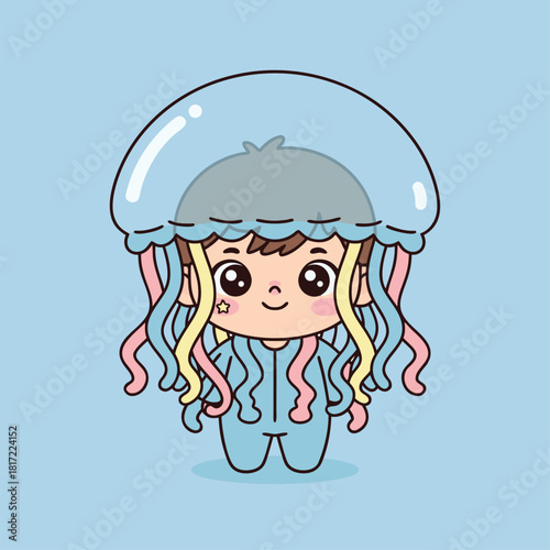 A cute cartoon child dressed in a light blue jellyfish costume with colorful tentacles, smiling on a light blue background.
