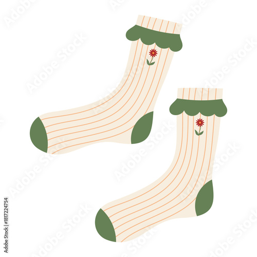 Modern colorful cotton socks with trendy prints and different textures. Cozy knitted socks. Flat vector illustration isolated on white background.