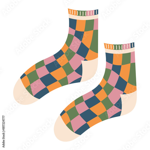 Modern colorful cotton socks with trendy prints and different textures. Cozy knitted socks. Flat vector illustration isolated on white background.