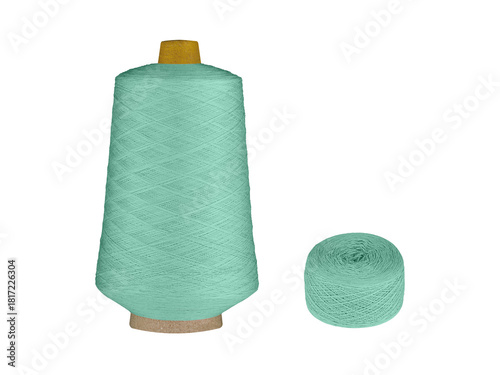 A vibrant green thread set including a spool on a cardboard bobbin and smaller balls, isolated on a white background. Ideal for sewing, knitting, or craft projects, this versatile thread adds a lively
