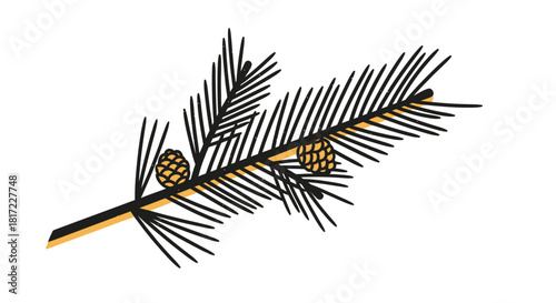 Charming pine branch illustration with cones for a festive holiday design or winter nature graphic, perfect for seasonal promotions