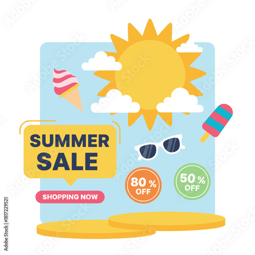 Vibrant summer sale banner featuring a cylindrical product display
