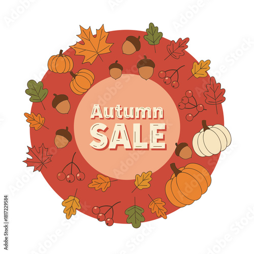 Autumn sale banner with a 3D podium amid colorful fall leaves, rowanberries, acorns, and pumpkins, displaying new products; a round pedestal for seasonal offers, promos, and presentations, vector