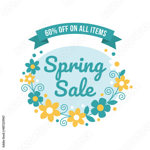 A hand‑drawn spring logo, badge‑style typography icon, leaf‑lettered greeting card and invitation template, and a modern banner poster background featuring a sale offer