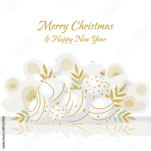 A vector illustration featuring a Merry Christmas and Happy New Year background, realistic 3D glass transparent ornament balls, golden glitter confetti, and soft white‑blue lighting