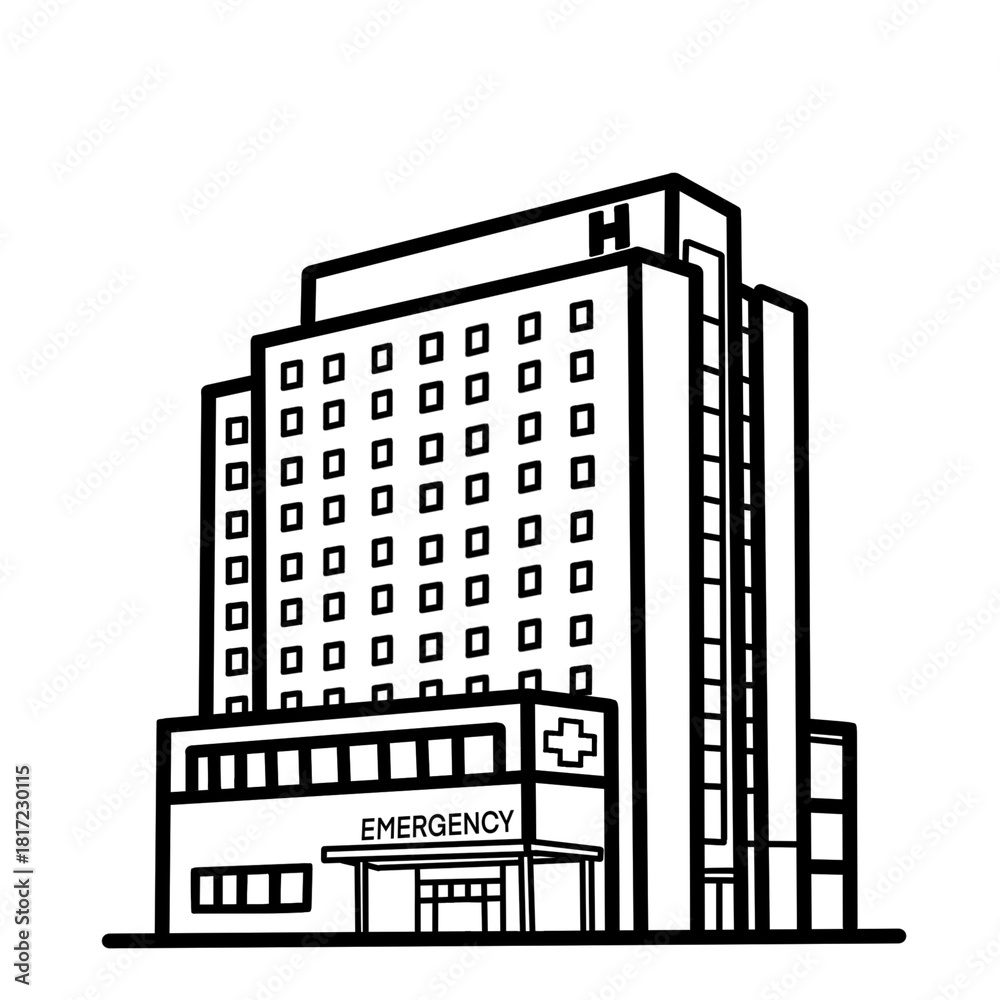 Fototapeta premium Line drawing Hospital building illustration icon for a medical center facility 