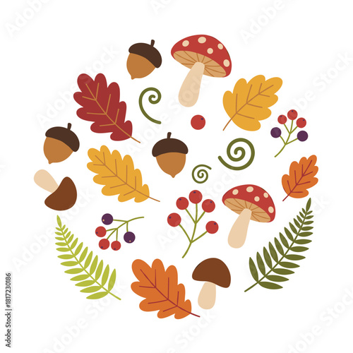 A flat vector illustration featuring a set of dried autumn leaves, berries, and mushrooms, along with a collection of chestnuts, acorns, branches, and foliage isolated on a white background