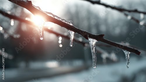 Wallpaper Mural Sunlight shining through melting icicles on a frozen tree branch in winter Torontodigital.ca