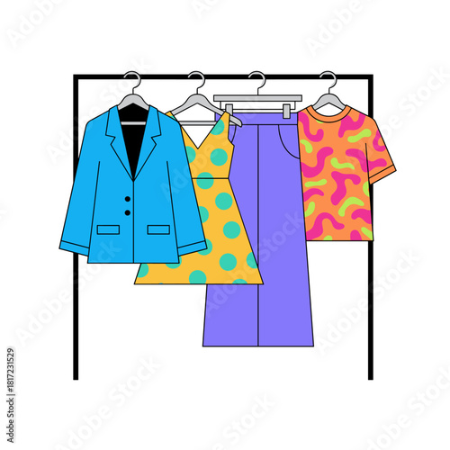 Used clothes displayed on racks and hanging on a secondhand store hanger rail, mixed with sale garments and leftover apparel in the  shop and charity market, illustrated as an isolated colored