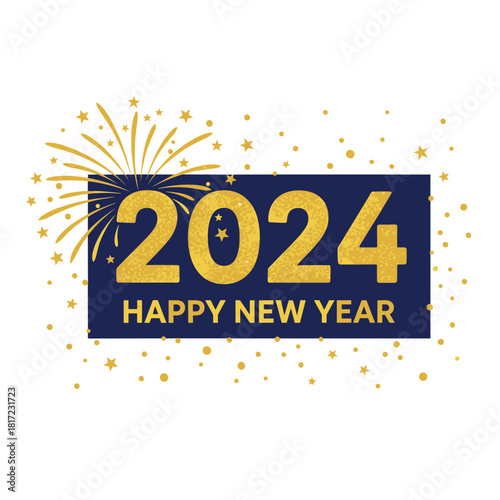 The numbers 2024 and abstract golden fireworks appear on a dark background, celebrating the New Year