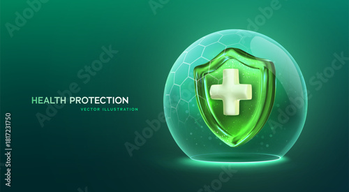 Health Protection Shield In Green Safety Sphere With Medical Cross, Futuristic Healthcare Safety Concept For Wellness And Immunity Security, Vector Illustration
