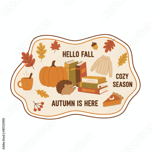 An autumn-themed vector collection with cozy fall stickers, including leaves, pumpkins, seasonal clothing, an umbrella, a hedgehog, and tea, featuring the greeting “hello fall” on a plain background