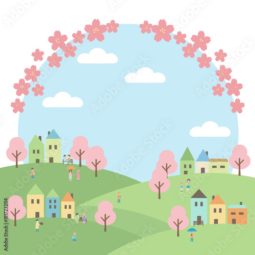 Vector illustration background of a spring cityscape featuring people amid cherry blossoms
