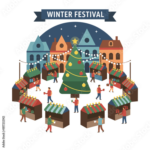 Christmas bazaar: families, people, sales, and preparations for an outdoor celebration, alongside a New Year market in vertical composition