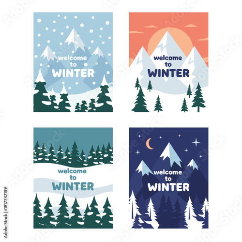 Vector illustration of a flat winter landscape featuring snowy backgrounds, snowdrifts, snowfall, a clear blue sky, blizzard, and snowy weather, with design elements for a poster, book cover