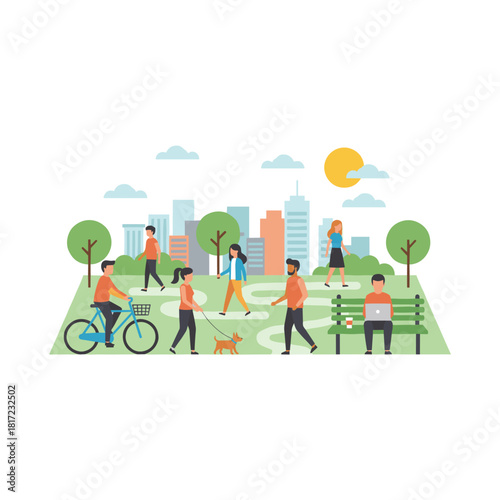 Joyful individuals stroll through the autumn city park, walking dogs, biking, and working outdoors, all depicted in a flat vector banner illustration of the fall season in the city