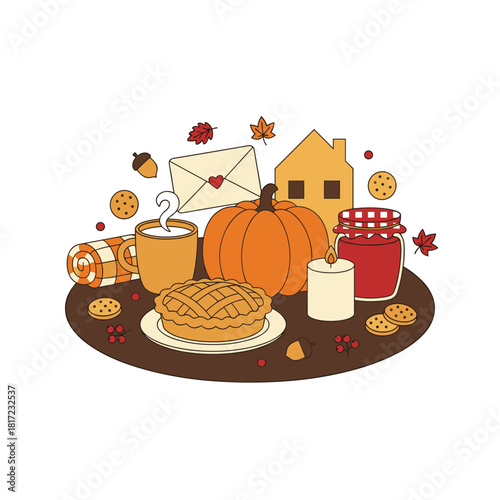 A collection of snug fall stickers featuring pumpkins, pies, cookies, cinnamon, jam jars, socks, candles, cupcakes, and mugs—warm seasonal elements that evoke comfort and holiday cheer, presented as