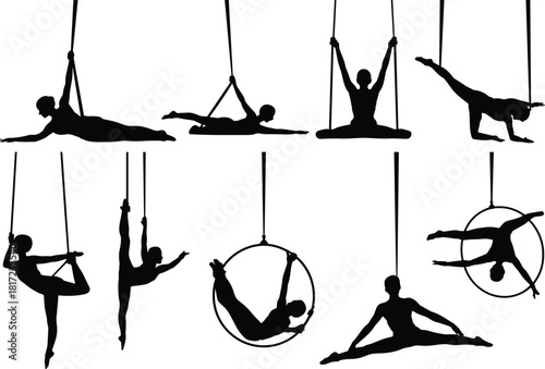 Aerial performer silhouette set, silks, lyra, trapeze poses, acrobatic strength and grace, circus arts concept, flat vector illustration